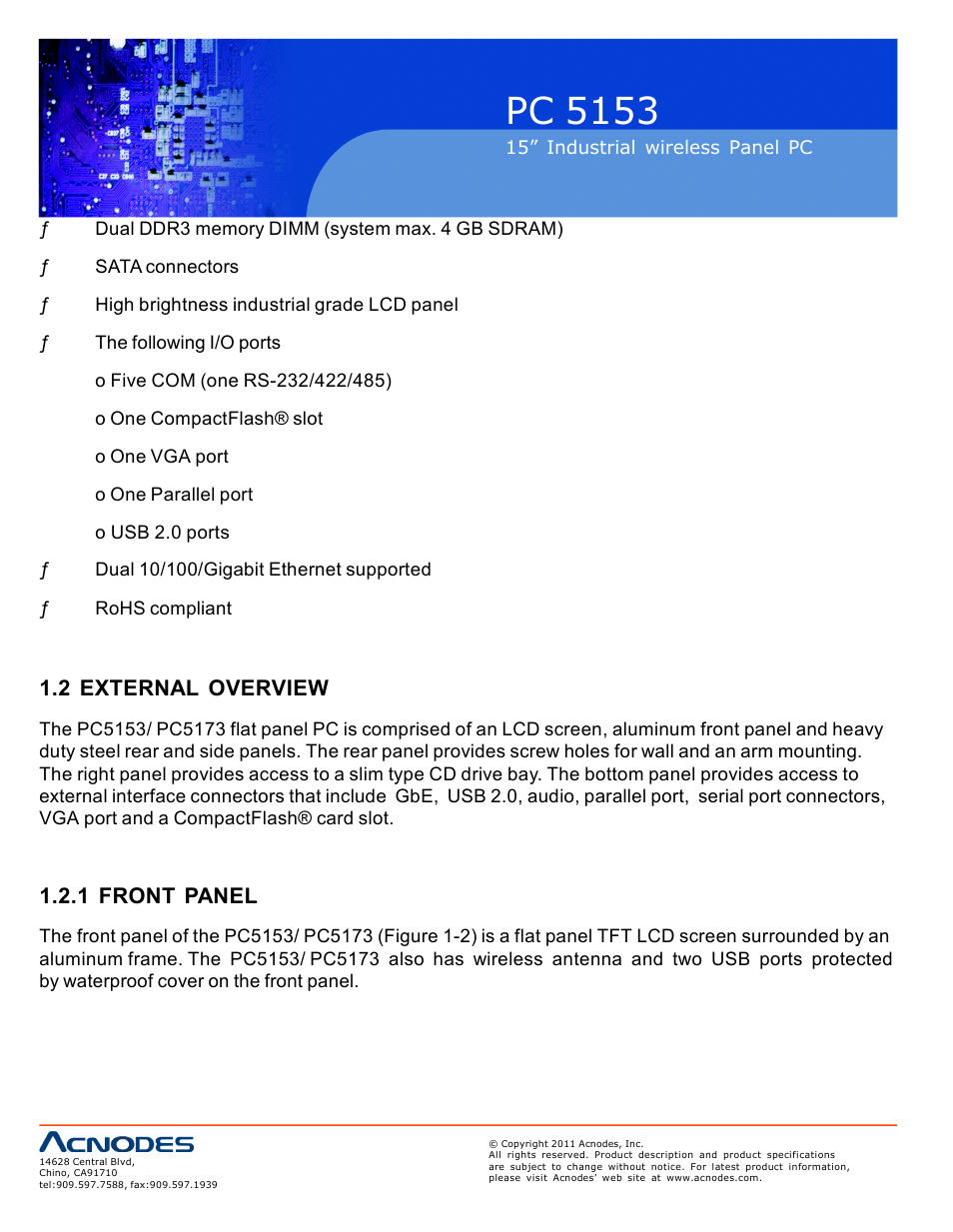 Pc 5153, 2 external overview, 1 front panel | Acnodes PC 5153 User Manual | Page 10 / 97