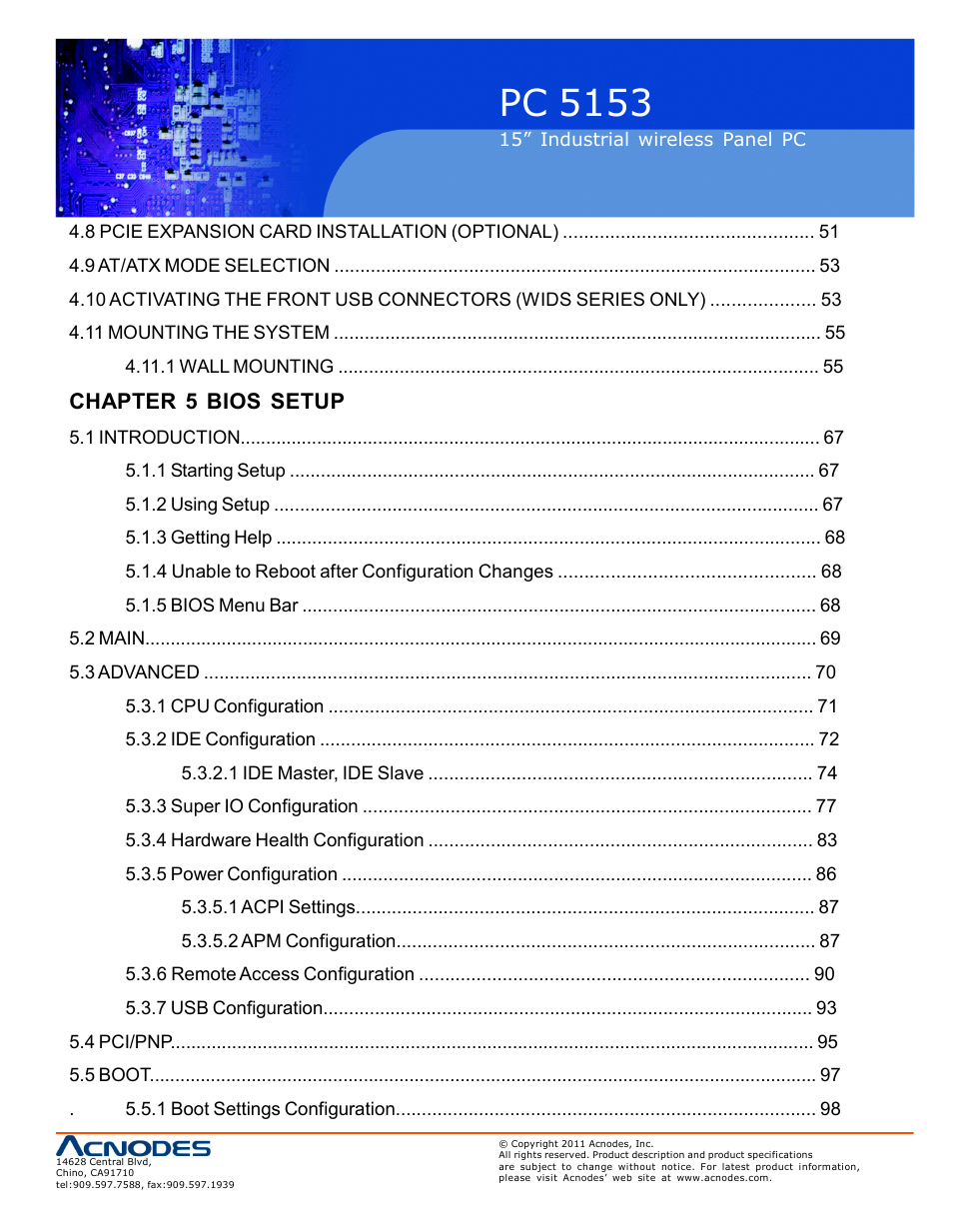 Pc 5153, Chapter 5 bios setup | Acnodes PC 5153 User Manual | Page 5 / 97