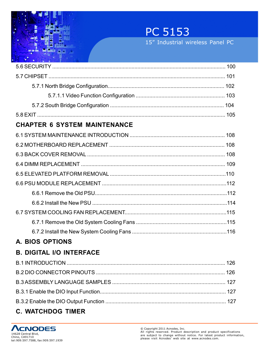 Pc 5153, Chapter 6 system maintenance, A. bios options b. digital i/o interface | C. watchdog timer | Acnodes PC 5153 User Manual | Page 6 / 97