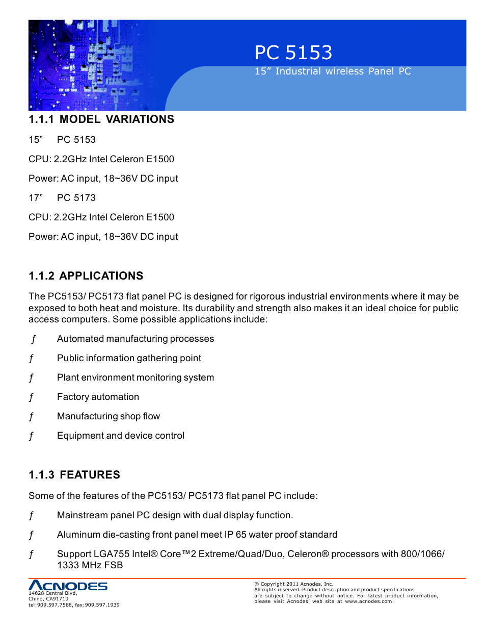 Pc 5153, 1 model variations, 2 applications | 3 features | Acnodes PC 5153 User Manual | Page 9 / 97