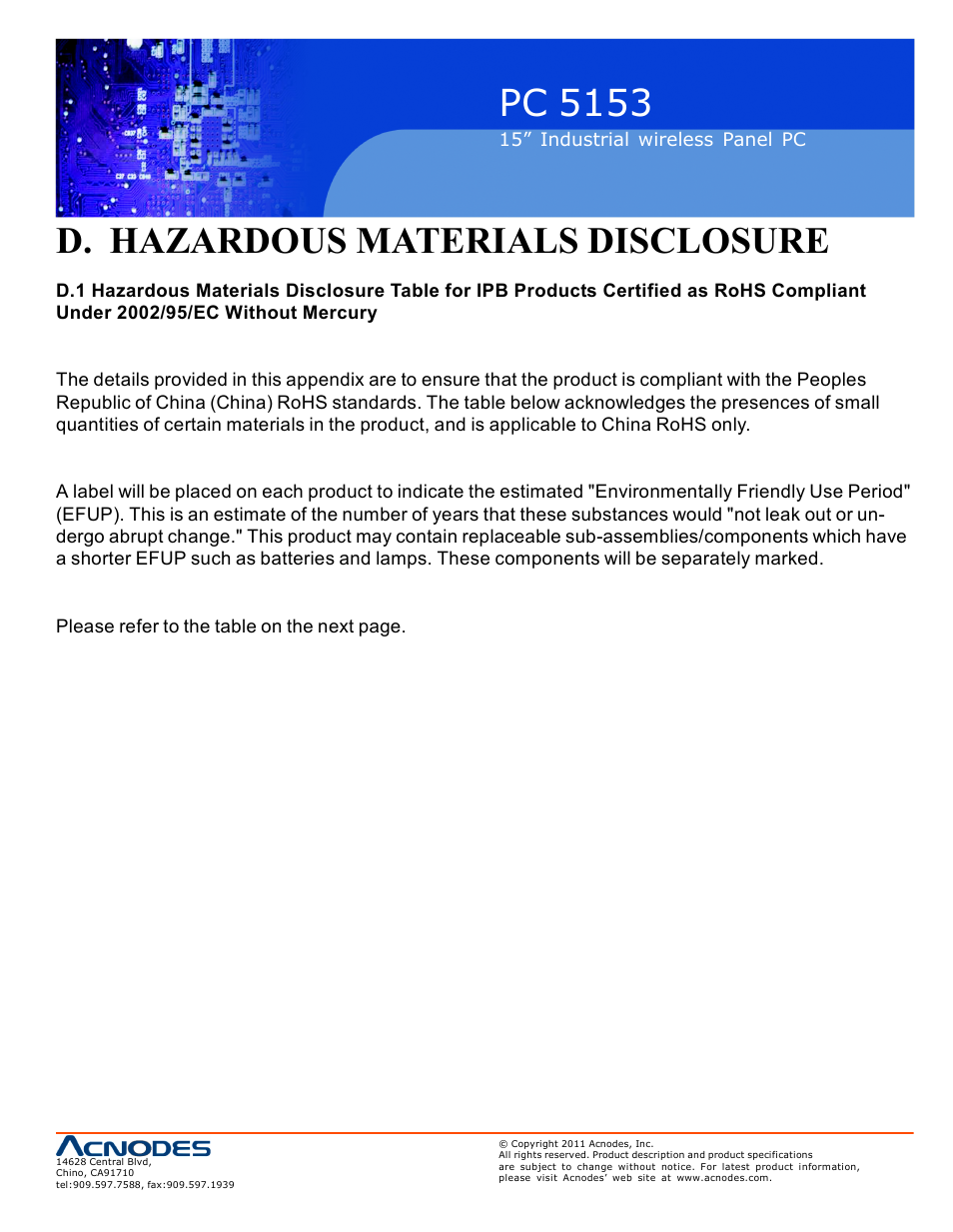 Pc 5153, D. hazardous materials disclosure | Acnodes PC 5153 User Manual | Page 95 / 97