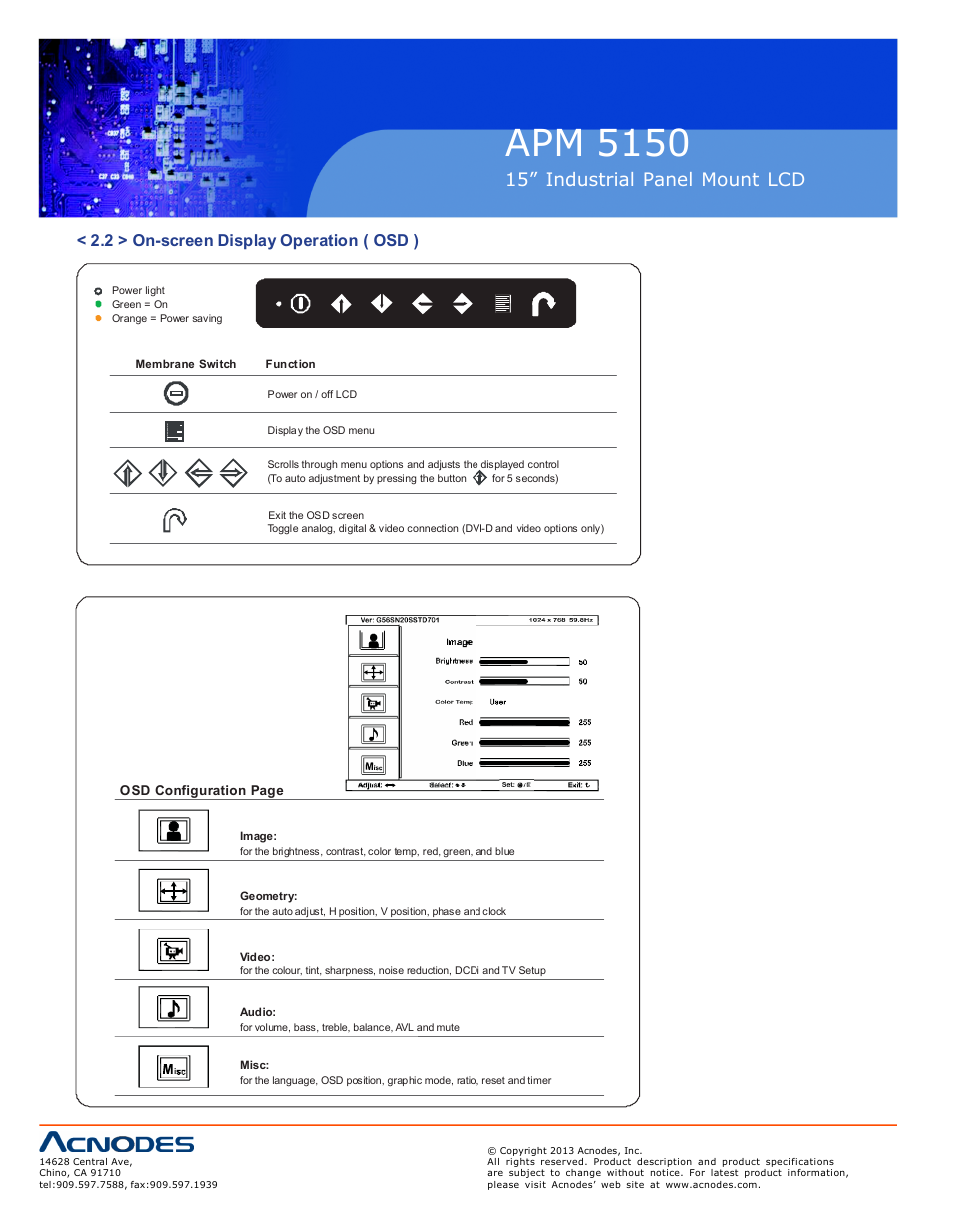 Apm 51 50, 15” industrial pa nel mount lcd, 2 > on-screen display operation ( osd ) | Acnodes APM 5150 User Manual | Page 12 / 19