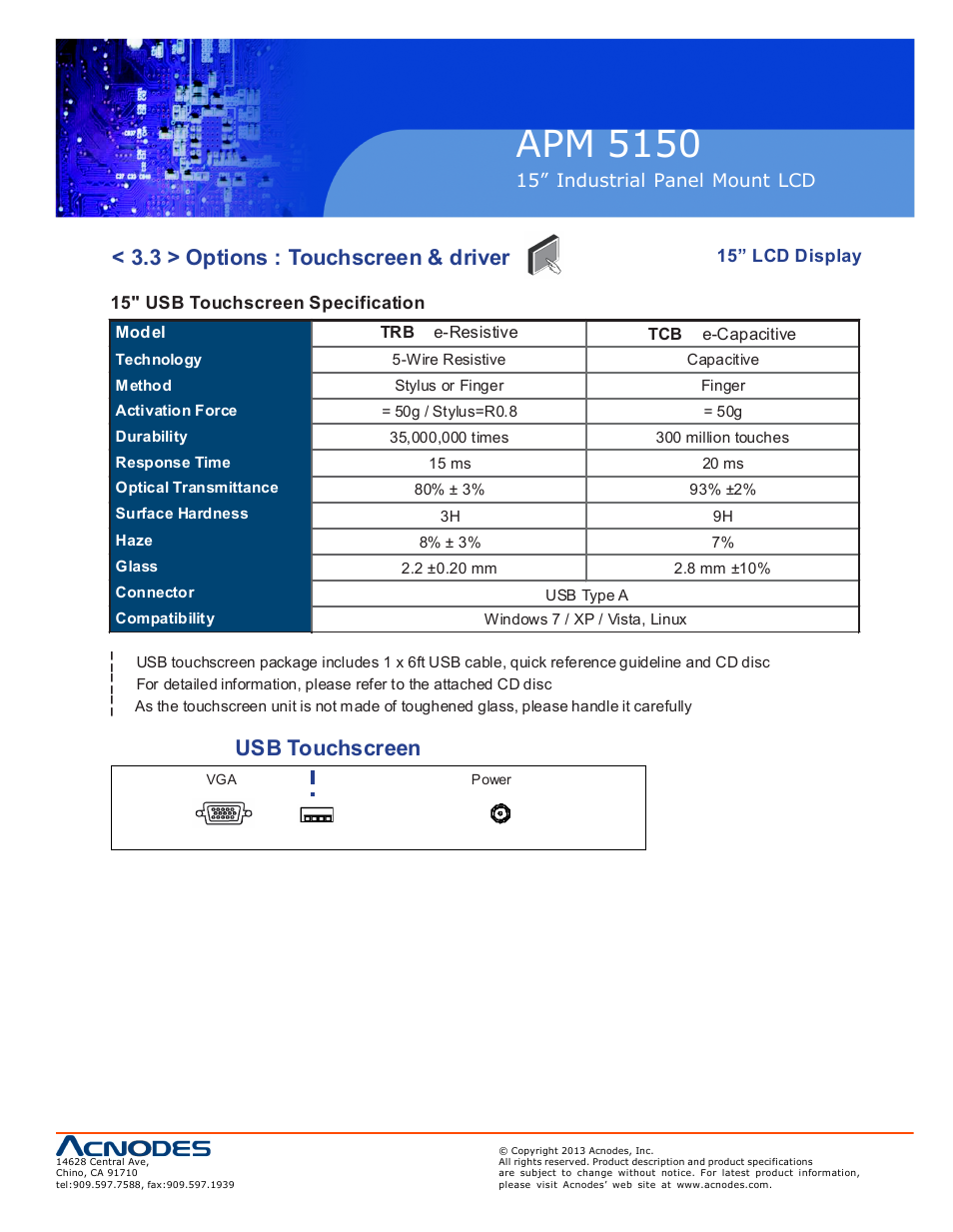 Apm 51 50, 3 > options : touchscreen & driver, Usb touchscreen | Acnodes APM 5150 User Manual | Page 15 / 19