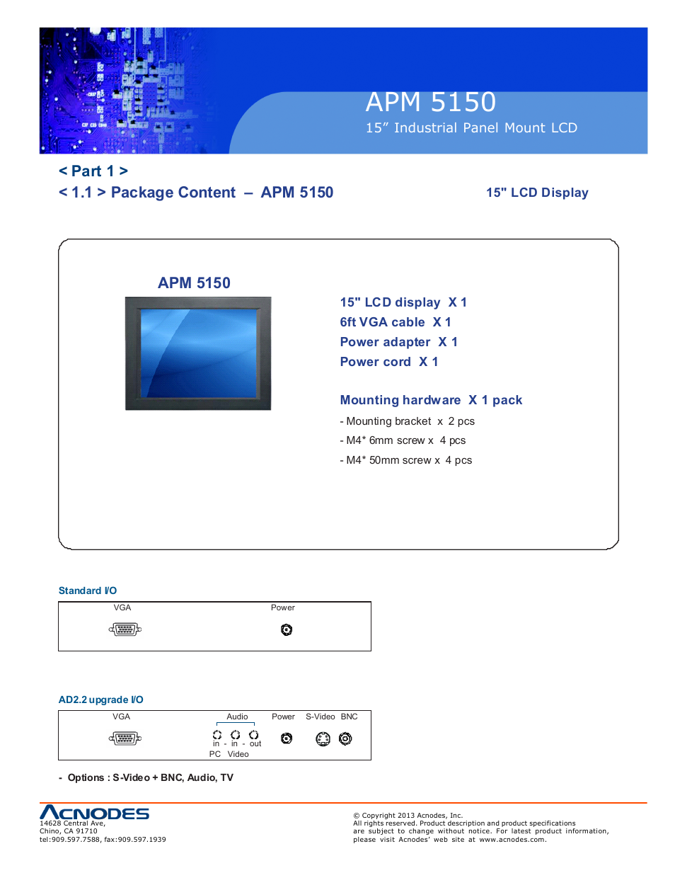 Apm 51 50, Apm 5150, 15” industrial pa nel mount lcd | 15" lcd display | Acnodes APM 5150 User Manual | Page 5 / 19