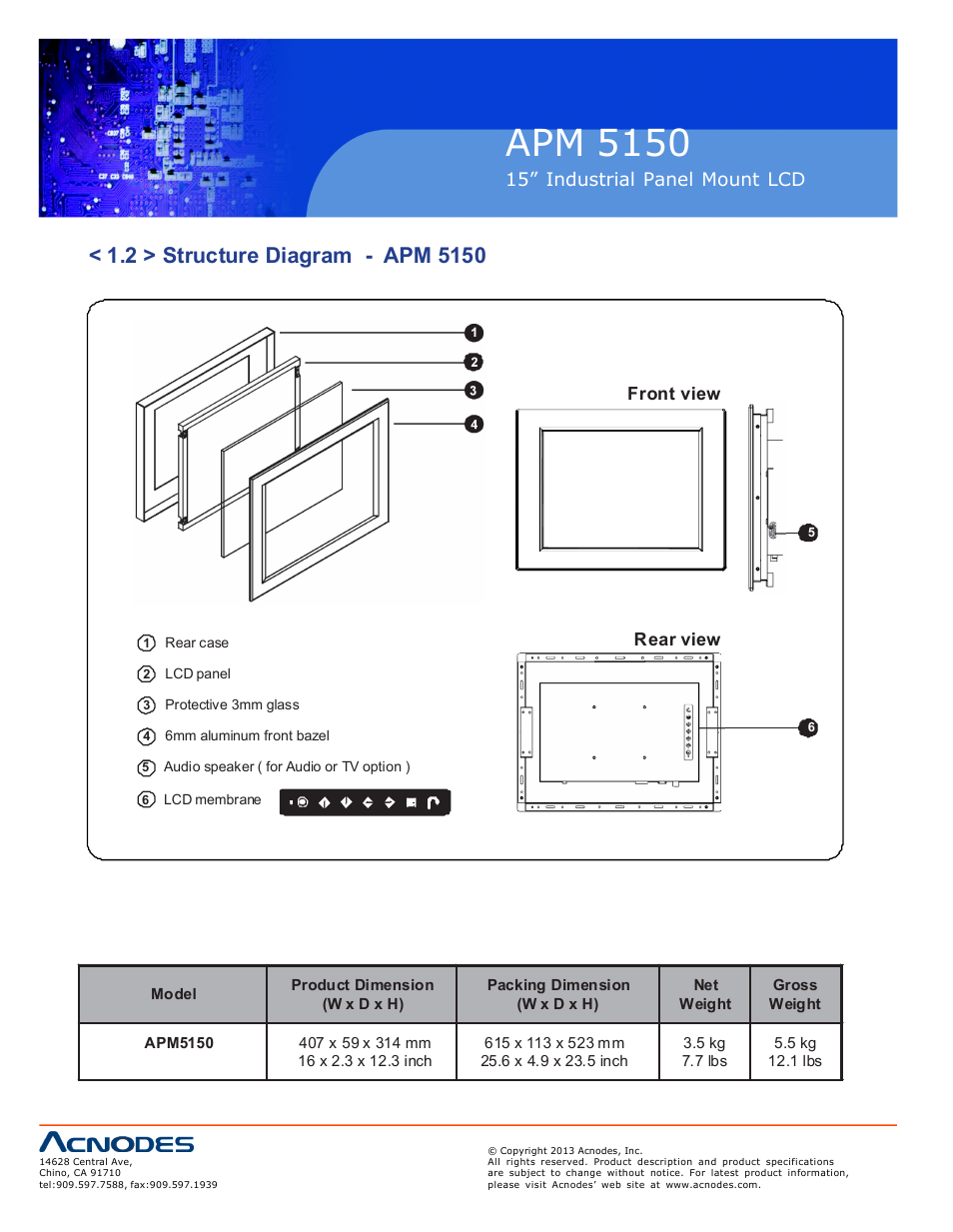 Apm 51 50, Ap-15 nap-15, 15” industrial pa nel mount lcd | Fro nt view, Re ar view | Acnodes APM 5150 User Manual | Page 6 / 19