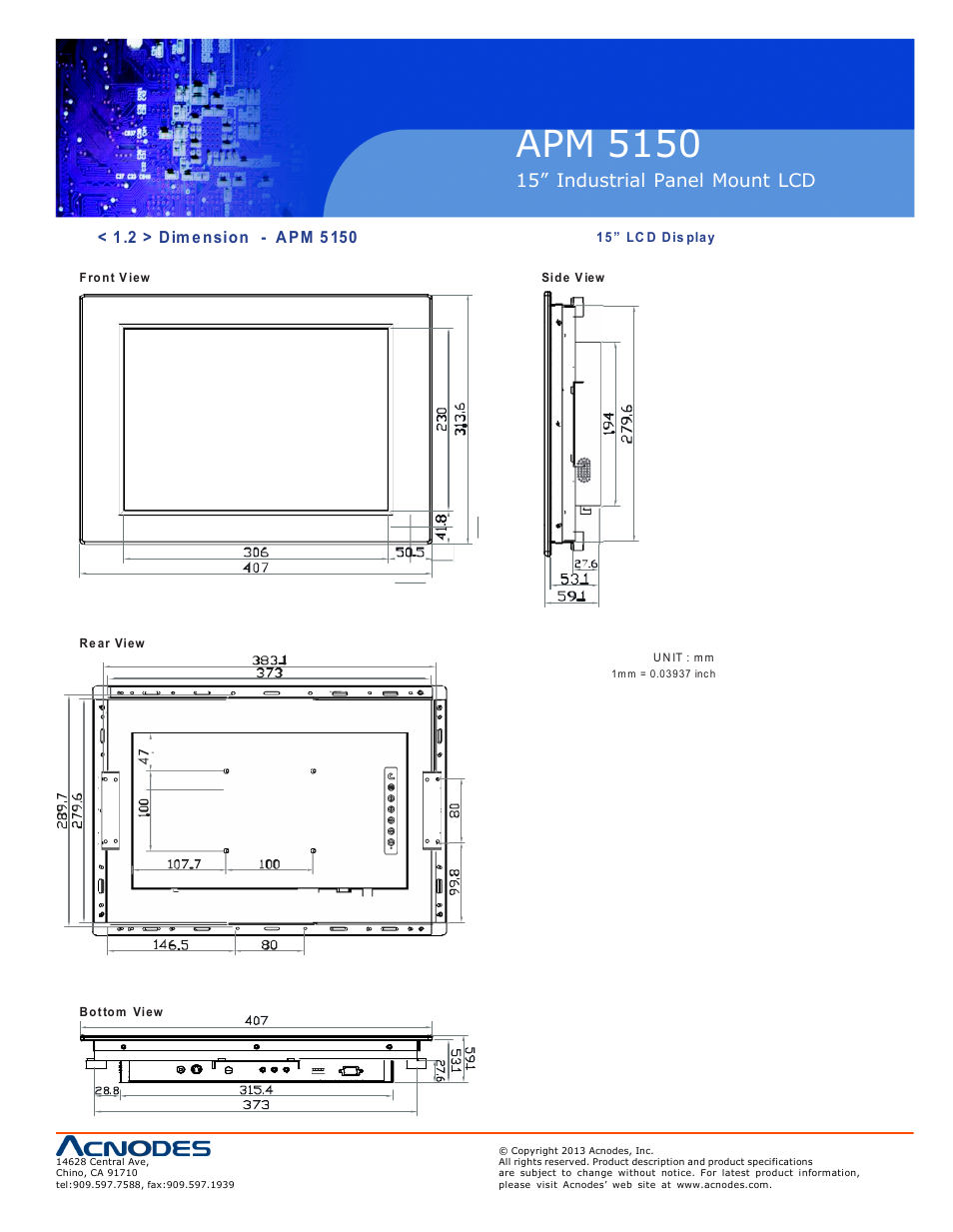 Apm 51 50, Ap-15 nap-15, 15” industrial pa nel mount lcd | Acnodes APM 5150 User Manual | Page 7 / 19