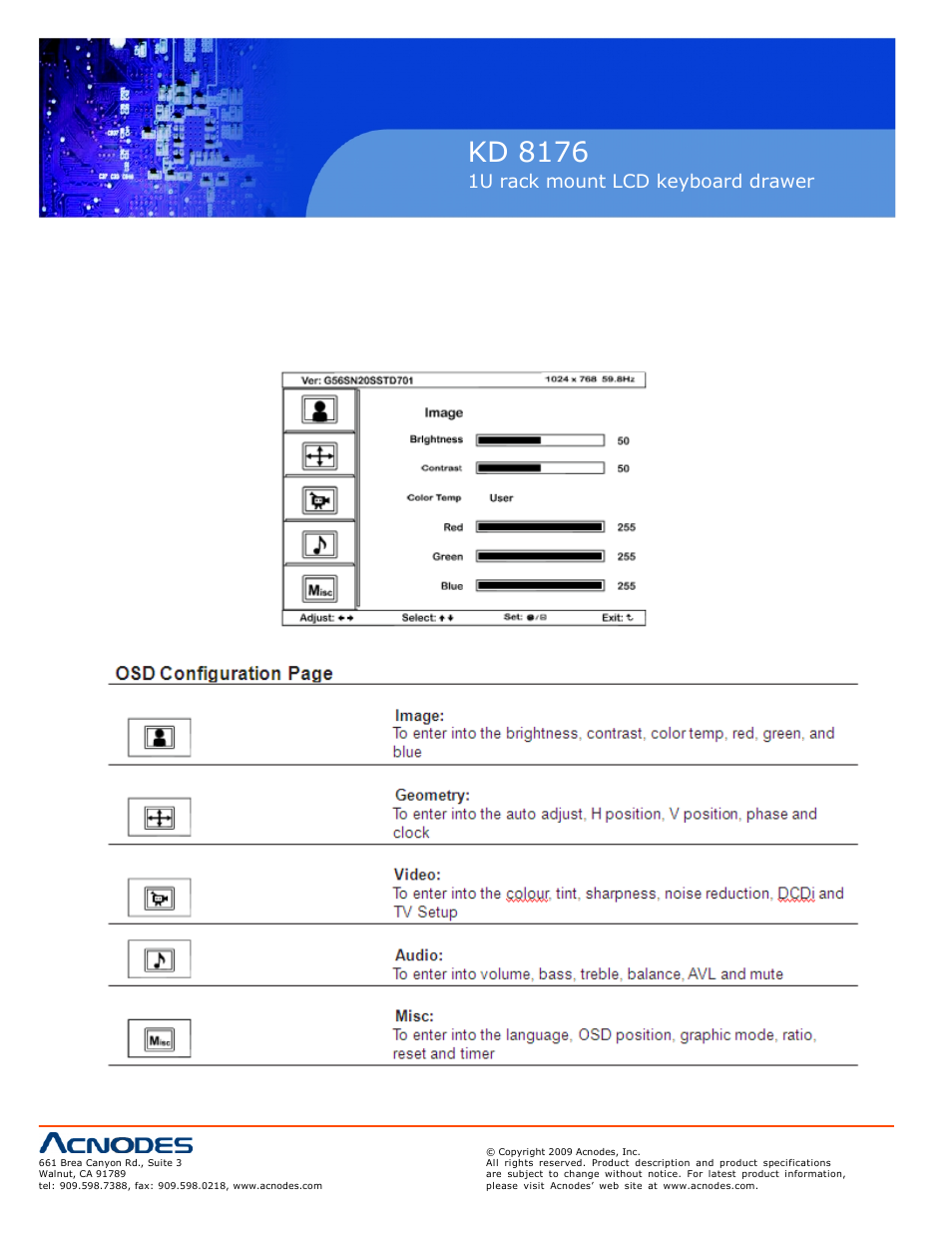 Kd 8176, 1u rack mount lcd keyboard drawer, 2 on screen menu 12 | Acnodes KD 8176 User Manual | Page 14 / 18