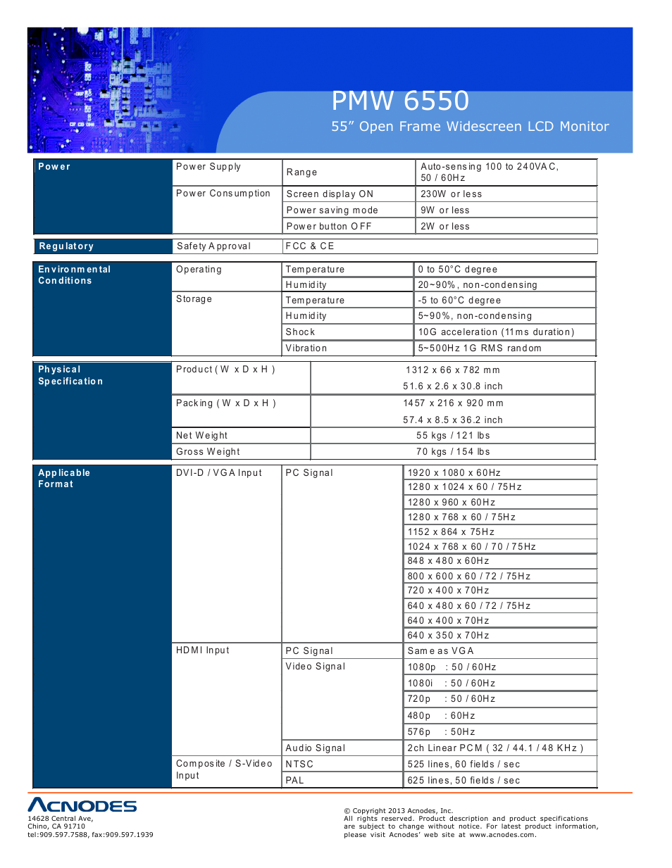 Pmw 6550, 55” open frame widescreen lcd monitor | Acnodes PMW 6550 User Manual | Page 10 / 18
