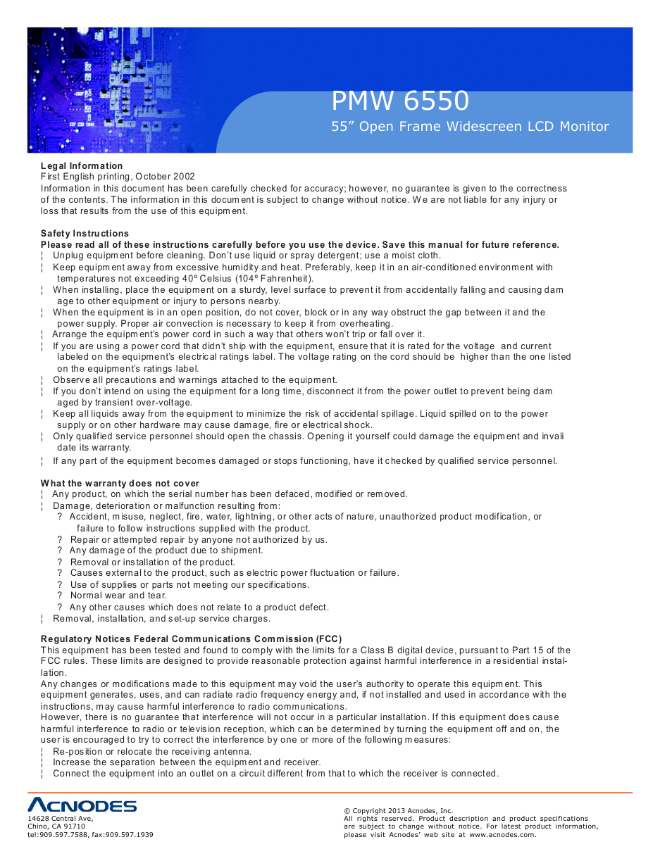 Pmw 6550, 55” open frame widescreen lcd monitor | Acnodes PMW 6550 User Manual | Page 2 / 18