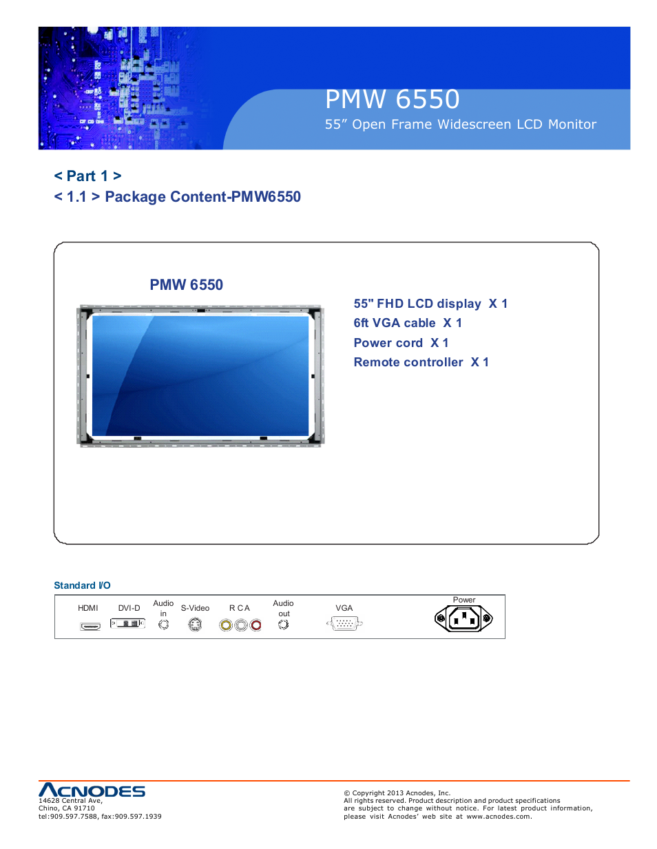 Pmw 6550, 55” open frame widescreen lcd monitor | Acnodes PMW 6550 User Manual | Page 5 / 18