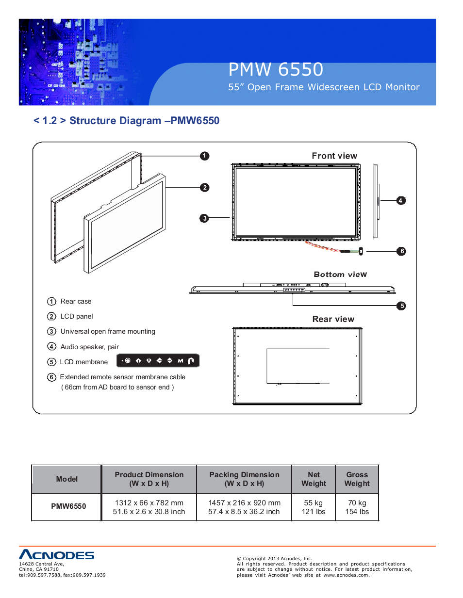 Pmw 6550, Op-w55, 55” open frame widescreen lcd monitor | Front view, Bottom view, Rear view | Acnodes PMW 6550 User Manual | Page 6 / 18