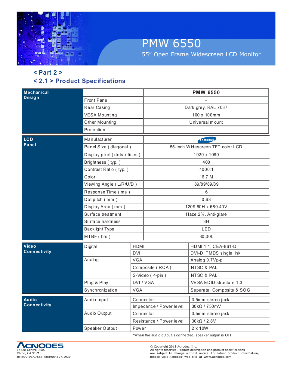 Pmw 6550, Part 2 > < 2.1 > product specifications, 55” open frame widescreen lcd monitor | Acnodes PMW 6550 User Manual | Page 9 / 18