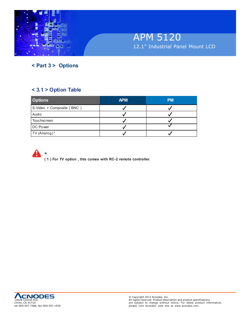 Apm 51 20, Part 3 > options < 3.1 > option table | Acnodes APM 5120 User Manual | Page 13 / 19