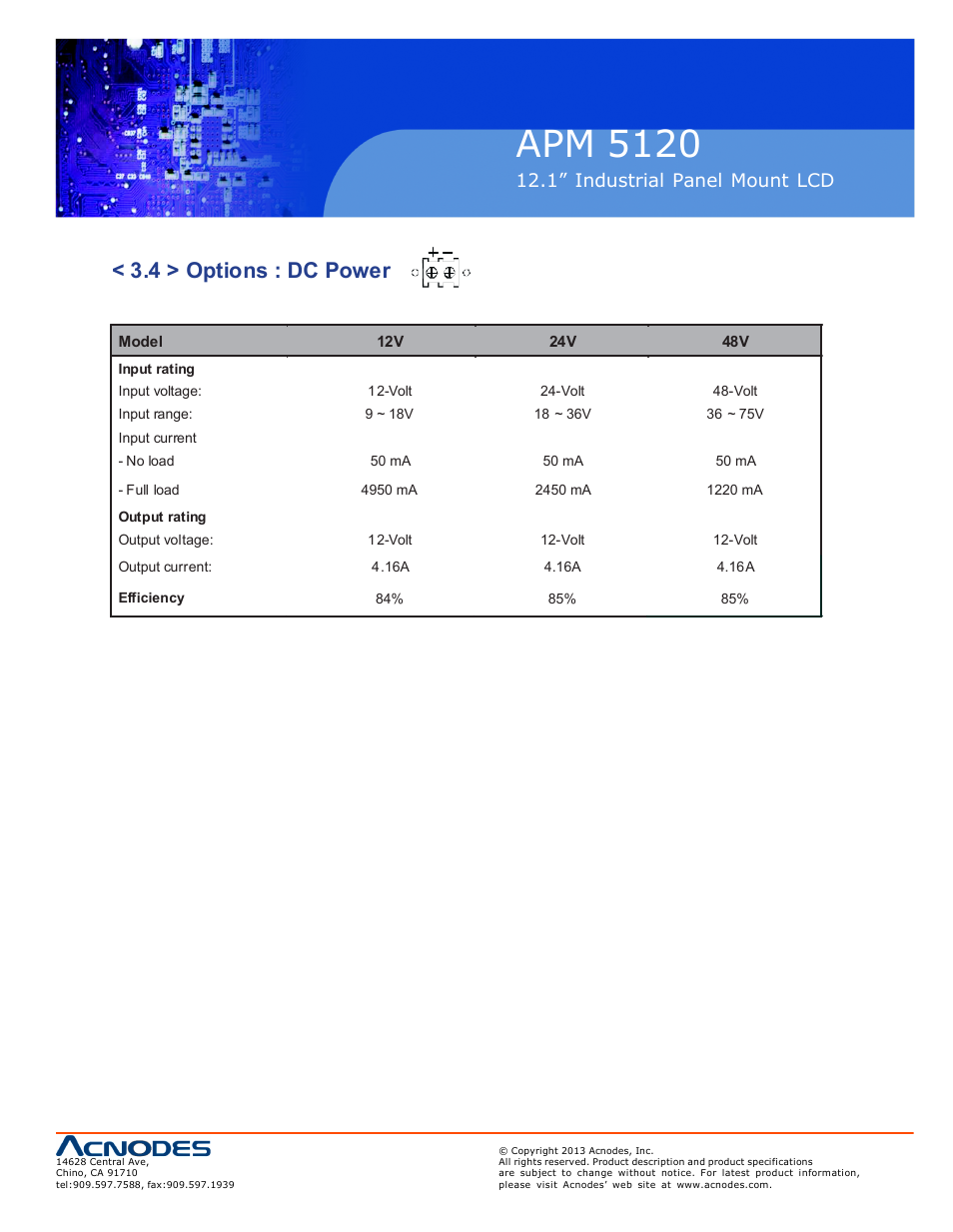 Apm 51 20, 4 > options : dc power, 1” industrial panel mount lcd | Acnodes APM 5120 User Manual | Page 17 / 19