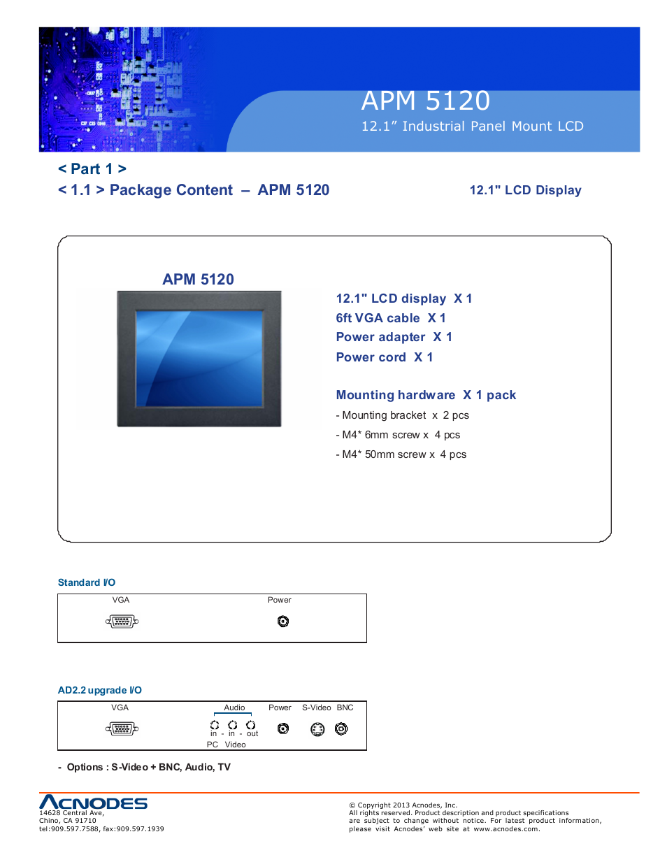 Apm 51 20, Apm 5120, 1” industrial panel mount lcd | 1" lcd display | Acnodes APM 5120 User Manual | Page 5 / 19