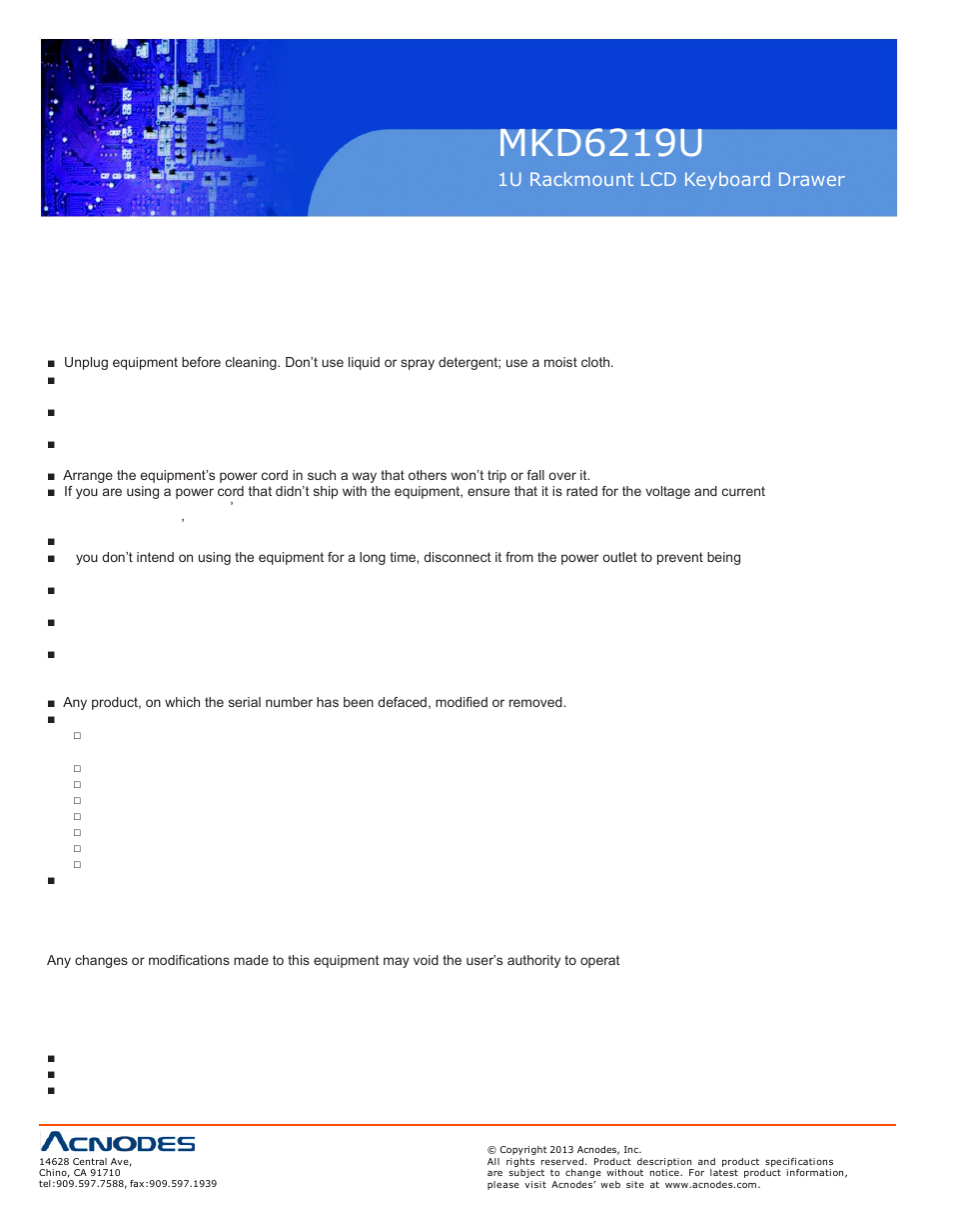 Mkd6219u, 1u rackmount lcd keyboard drawer | Acnodes MKD 6219U User Manual | Page 2 / 16