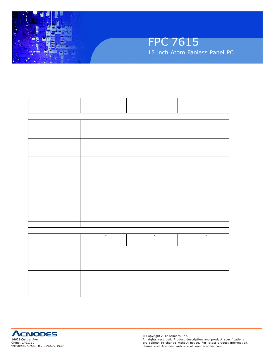 Fpc 7615, Chapter 1 introduction, 1 specifications | Acnodes FPC 7615 User Manual | Page 6 / 88