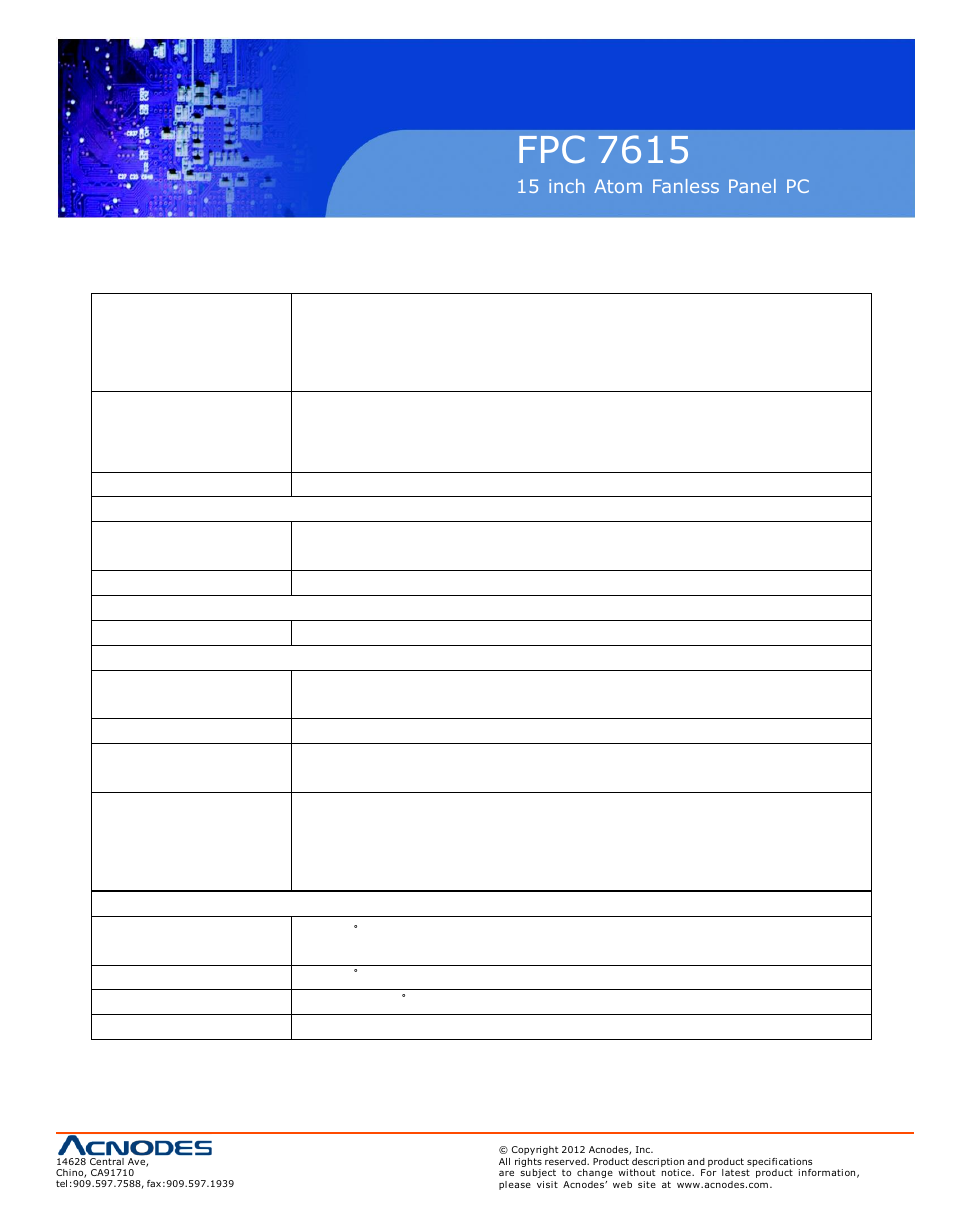 Fpc 7615, 1 specifications | Acnodes FPC 7615 User Manual | Page 7 / 88