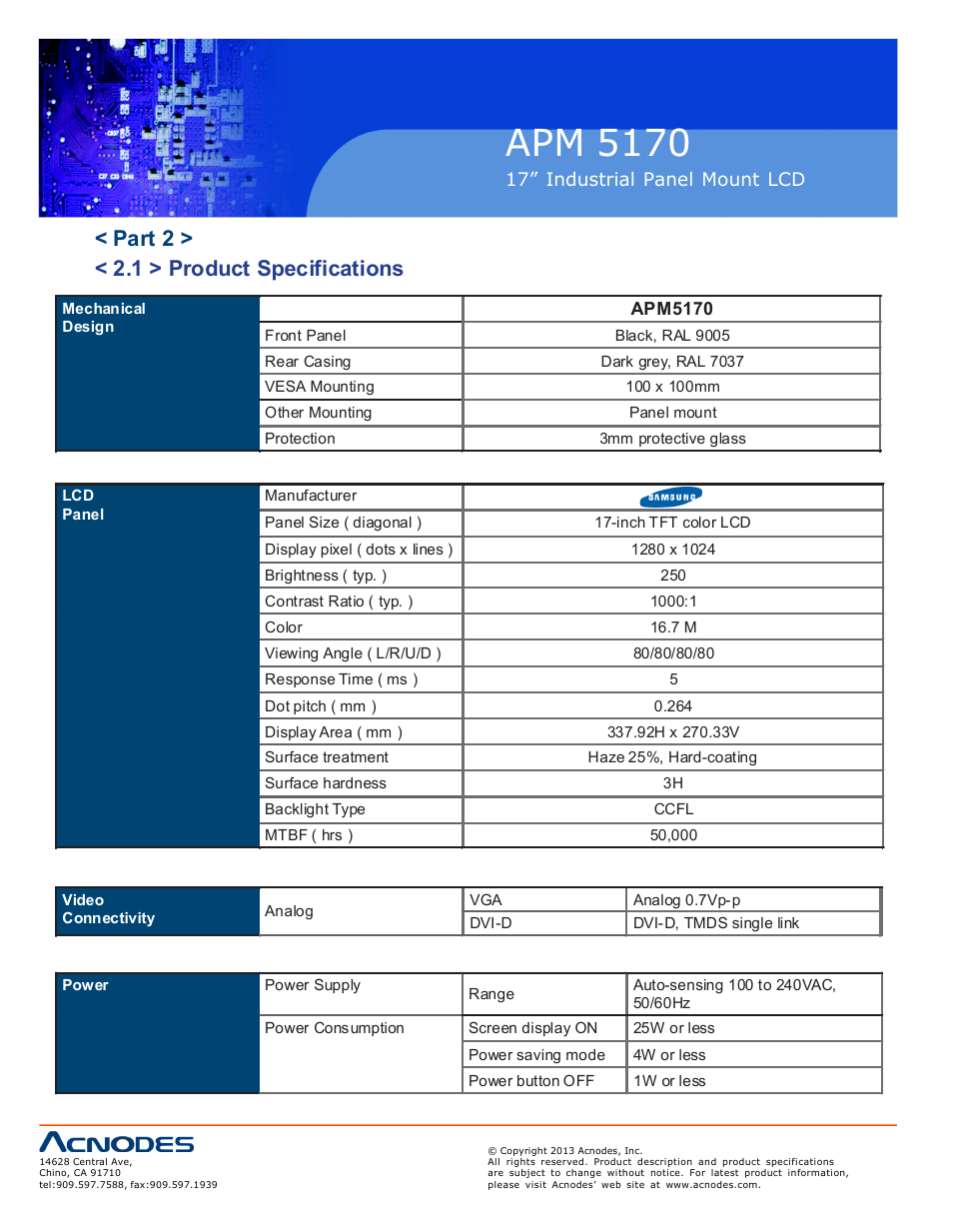 Apm 51 70, Part 2 > < 2.1 > product specifications | Acnodes APM 5170 User Manual | Page 10 / 24
