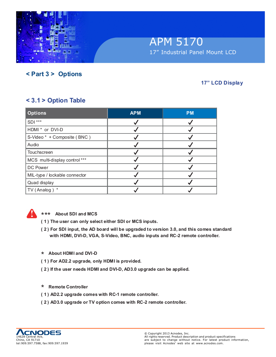 Apm 51 70, Part 3 > options, 1 > option table | Acnodes APM 5170 User Manual | Page 13 / 24