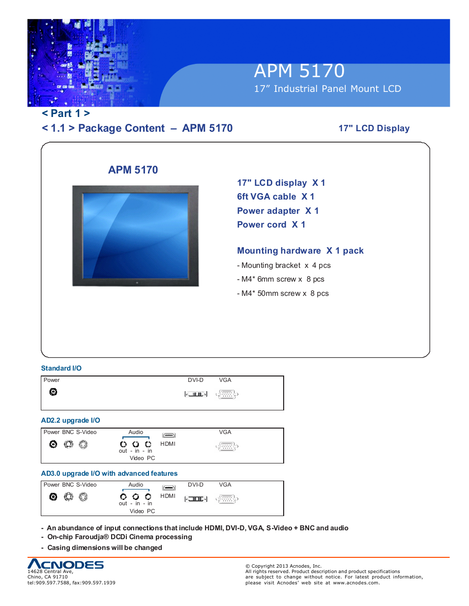 Apm 51 70, Apm 5170, 17” industrial pa nel mount lcd | 17" lcd display | Acnodes APM 5170 User Manual | Page 5 / 24