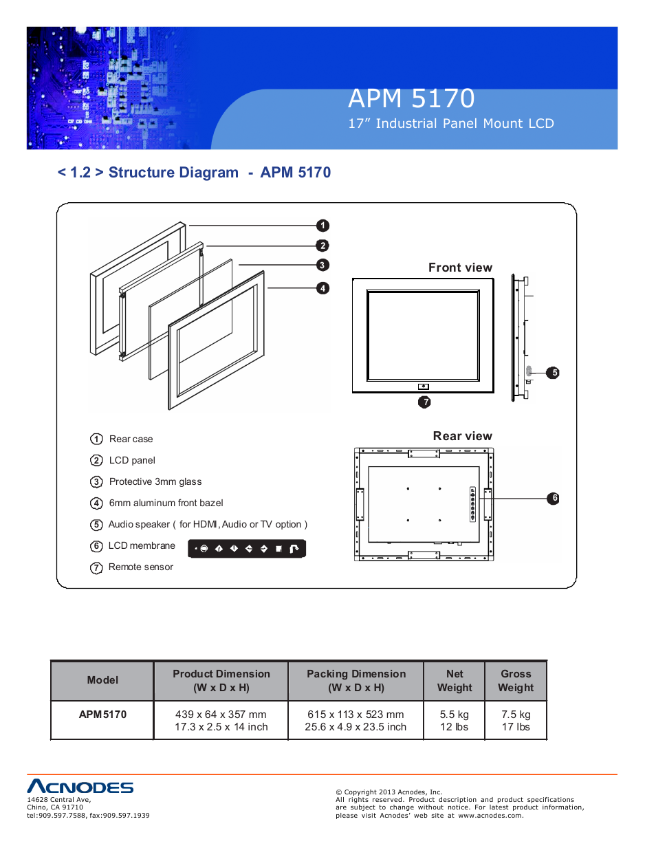 Apm 51 70, Ap-17 nap-17, 17” industrial pa nel mount lcd | Fron t view, Rea r view | Acnodes APM 5170 User Manual | Page 6 / 24