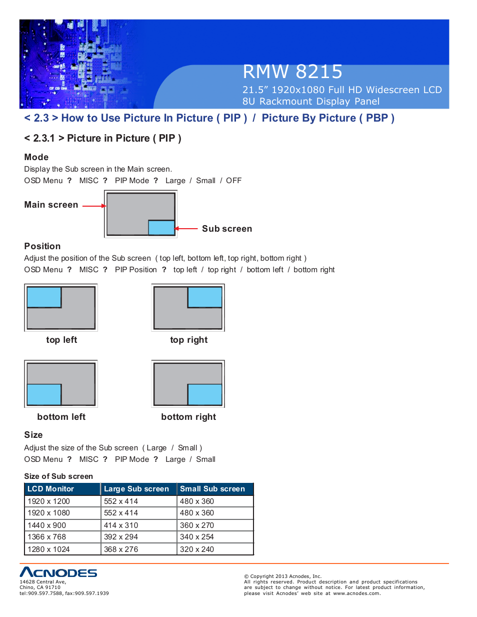Rmw 8215, 1 > picture in picture ( pip ) | Acnodes RMW 8215 User Manual | Page 12 / 19