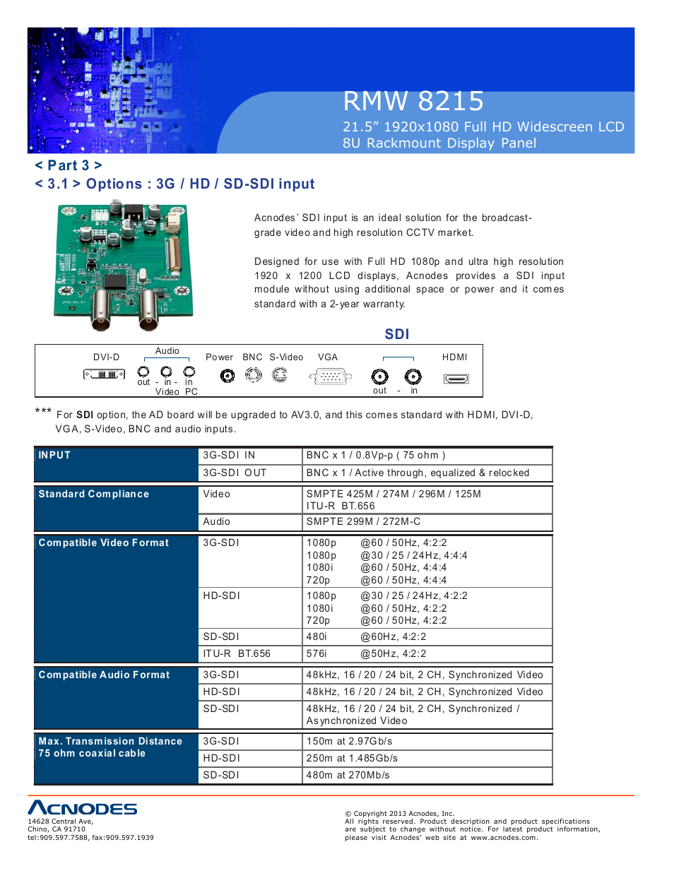 Rmw 8215, Part 3 > < 3.1 > options : 3g / hd / sd-sdi input | Acnodes RMW 8215 User Manual | Page 14 / 19