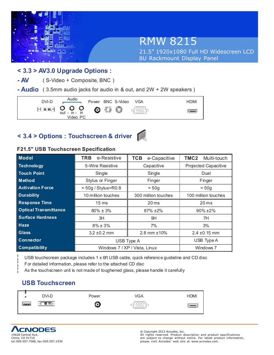 Rmw 8215, 3 > av3.0 upgrade options : - av - audio, 4 > options : touchscreen & driver | Usb touchscreen | Acnodes RMW 8215 User Manual | Page 16 / 19