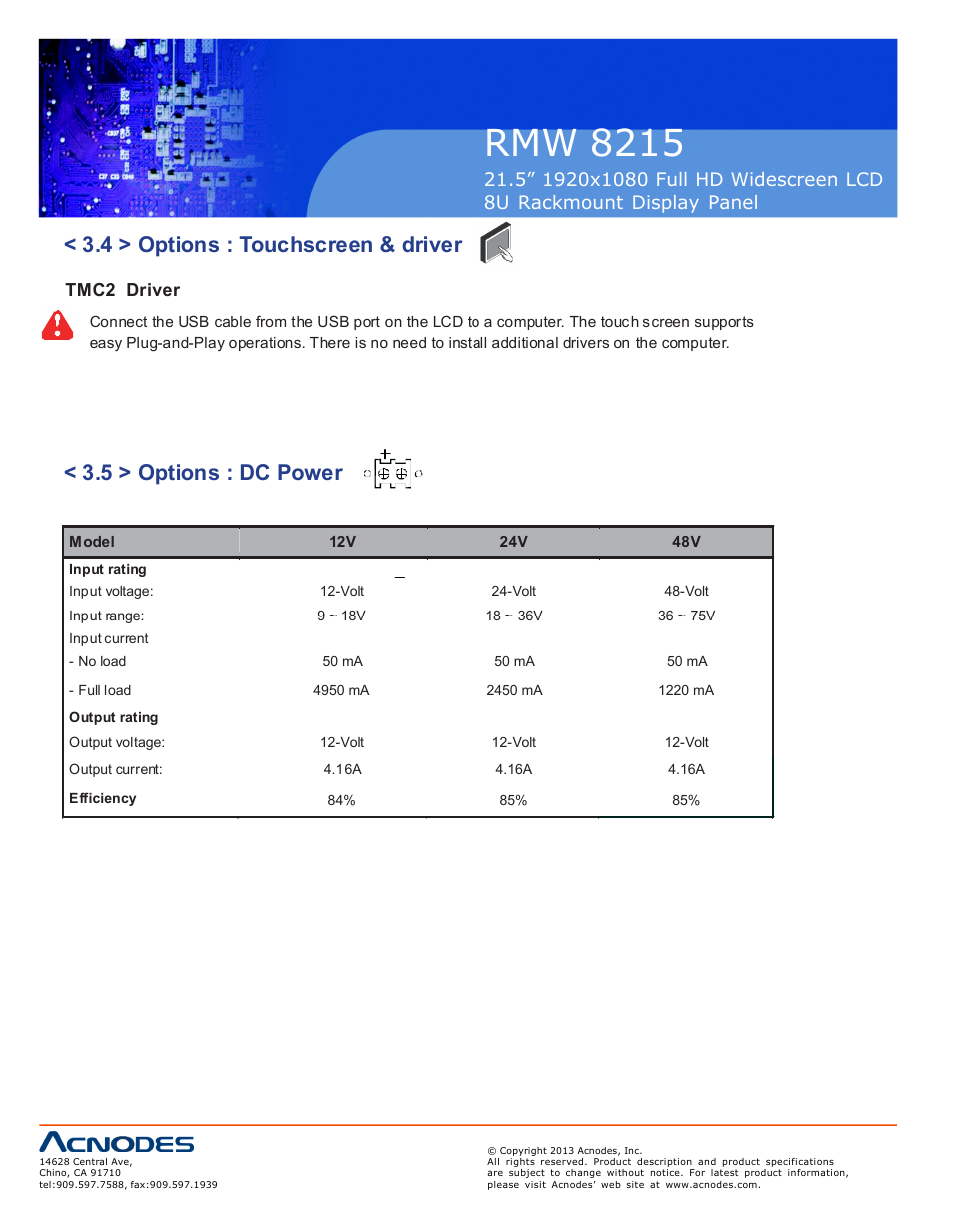 Rmw 8215, 4 > options : touchscreen & driver, 5 > options : dc power | Tmc2 driver | Acnodes RMW 8215 User Manual | Page 18 / 19