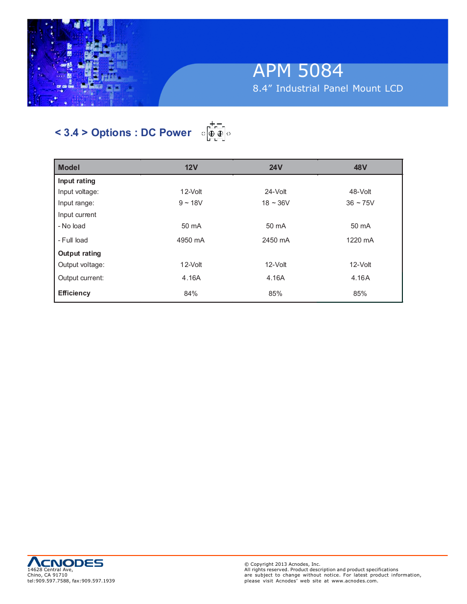 Apm 50 84, 4 > options : dc power, 4” industrial panel mount lcd | Acnodes APM 5084 User Manual | Page 17 / 19