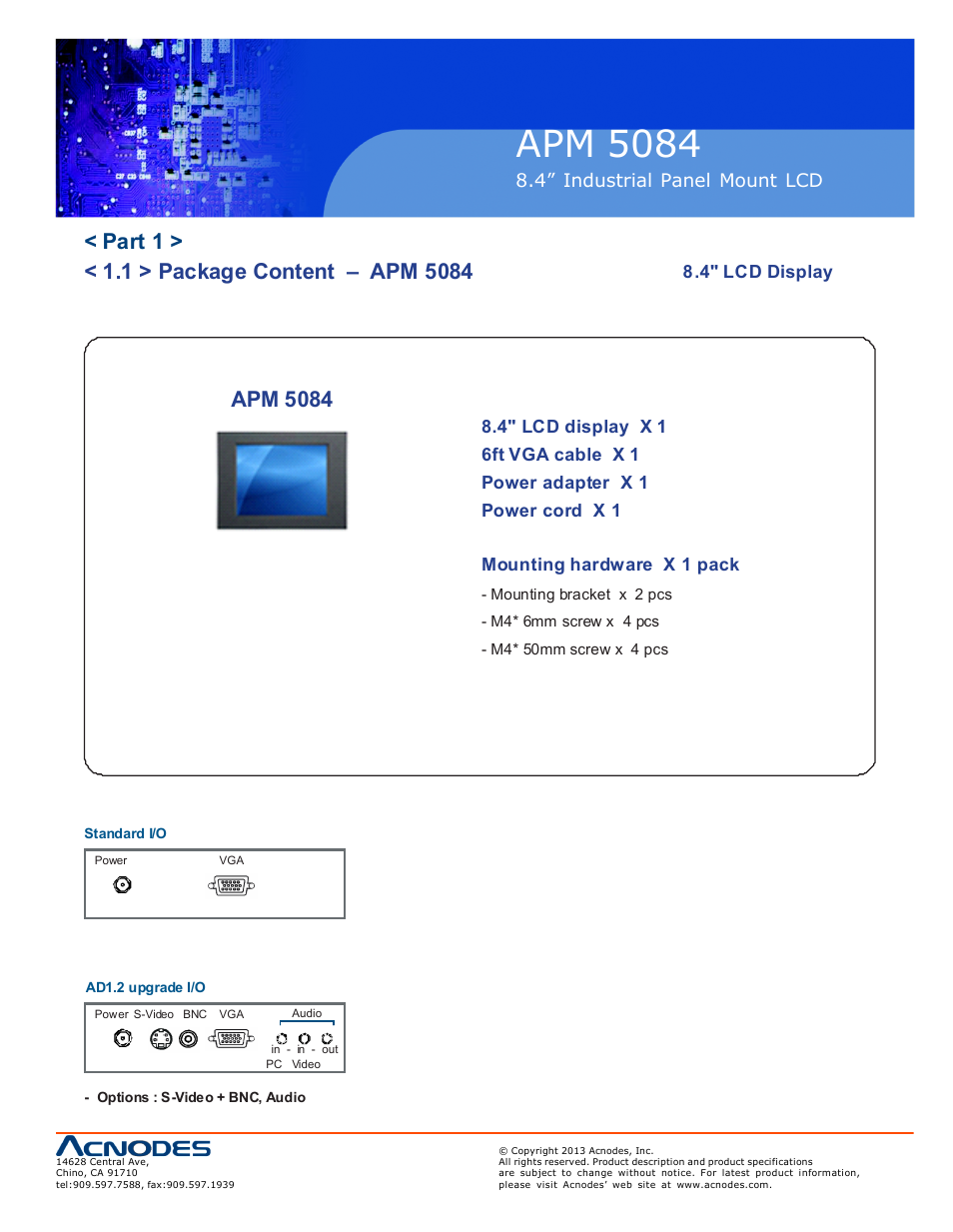Apm 50 84, Apm 5084, 4” industrial panel mount lcd | 4" lcd display | Acnodes APM 5084 User Manual | Page 5 / 19
