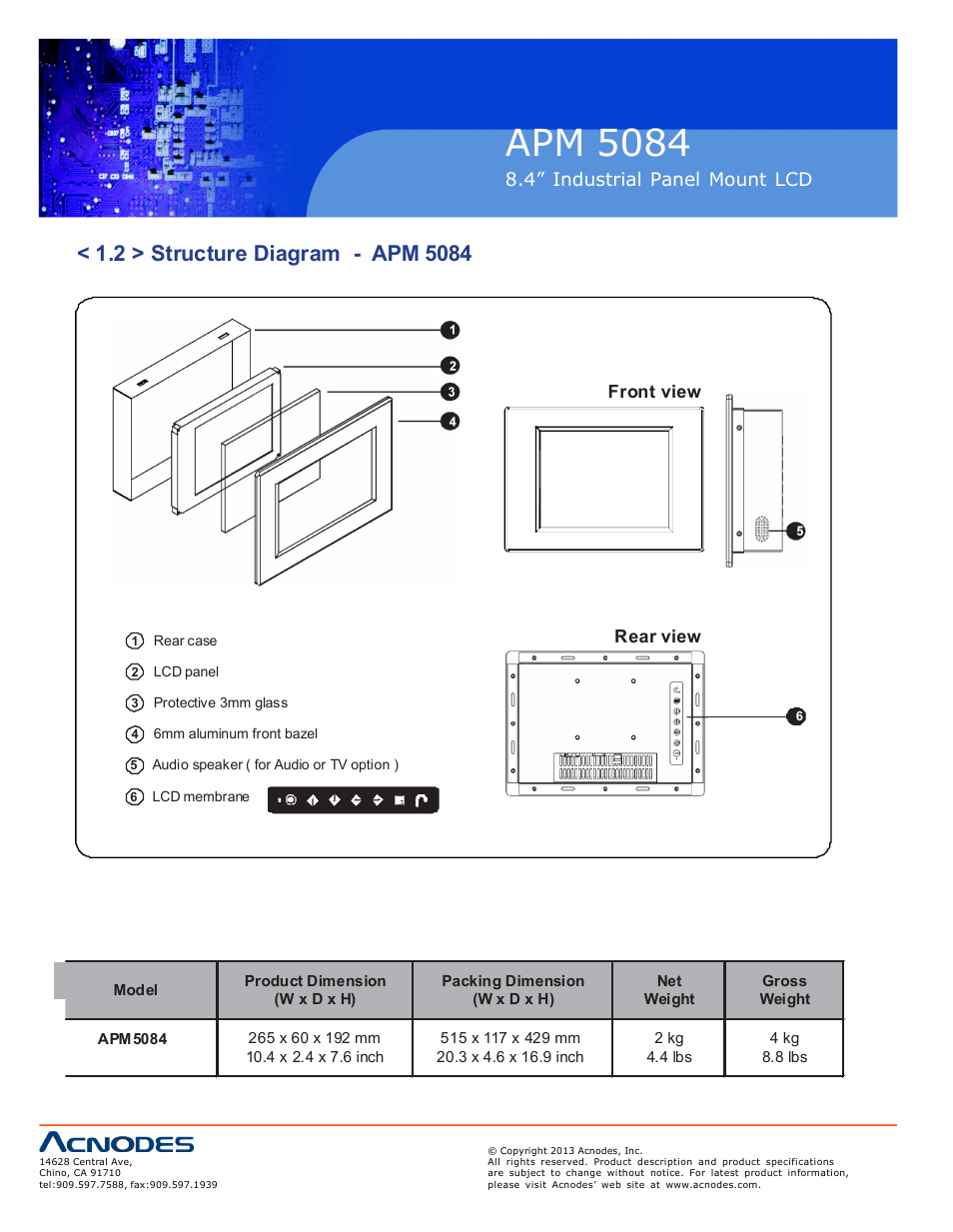 Apm 50 84, Ap-8 nap-8, 4” industrial panel mount lcd | Front view, Rear view | Acnodes APM 5084 User Manual | Page 6 / 19