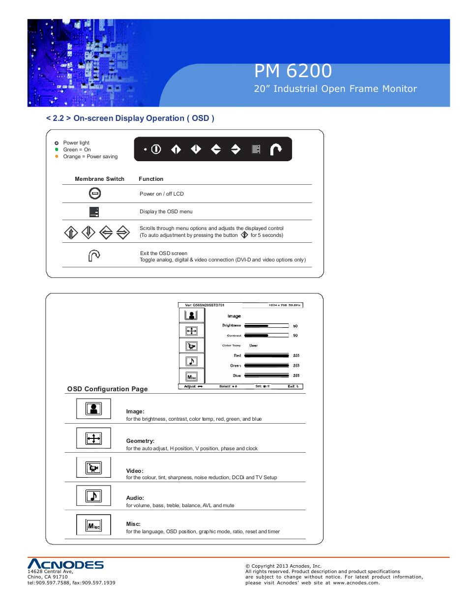 Pm 6200, 20” industrial o pen frame monit or, 2 > on-screen display operation ( osd ) | Acnodes PM 6200 User Manual | Page 11 / 23