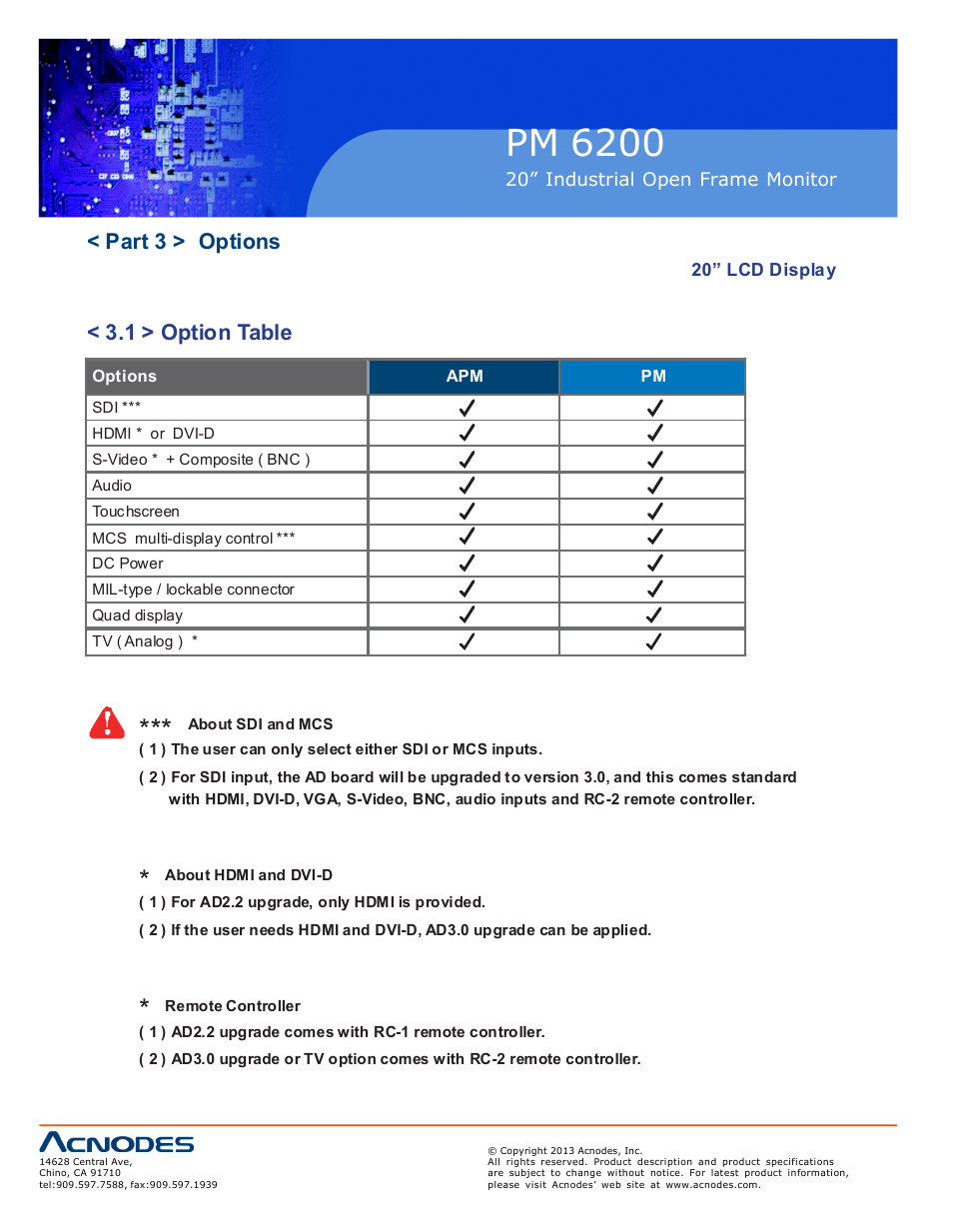 Pm 6200, Part 3 > options, 1 > option table | Acnodes PM 6200 User Manual | Page 12 / 23
