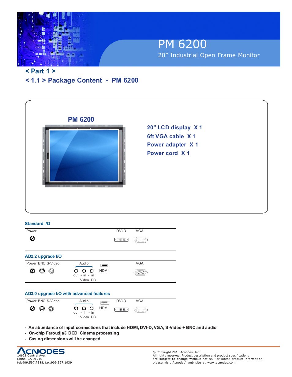 Pm 6200, 20” industrial o pen frame monit or | Acnodes PM 6200 User Manual | Page 5 / 23