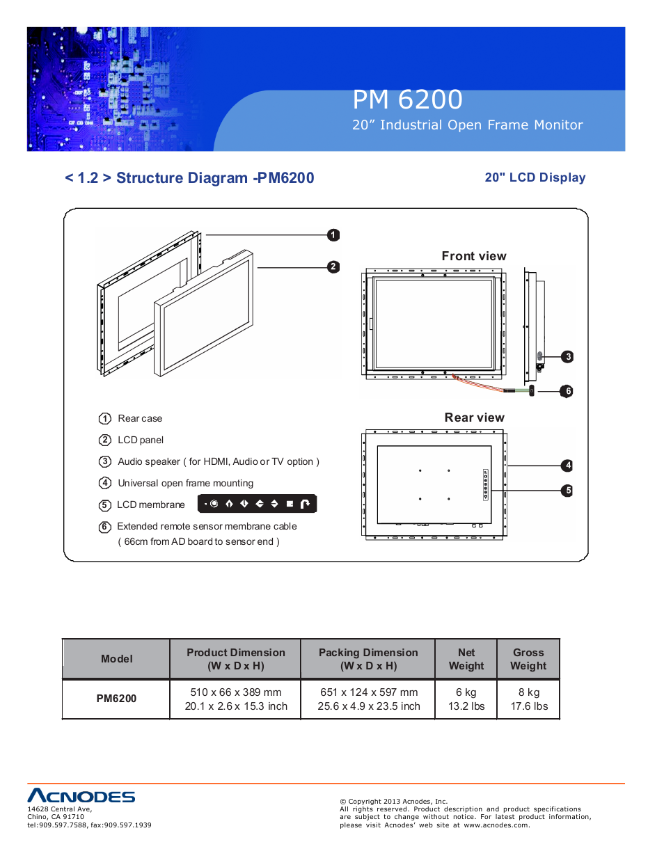 Pm 6200, Op-20, 20” industrial o pen frame monit or | 20" lcd displ ay, Fro nt view, Re ar view | Acnodes PM 6200 User Manual | Page 6 / 23