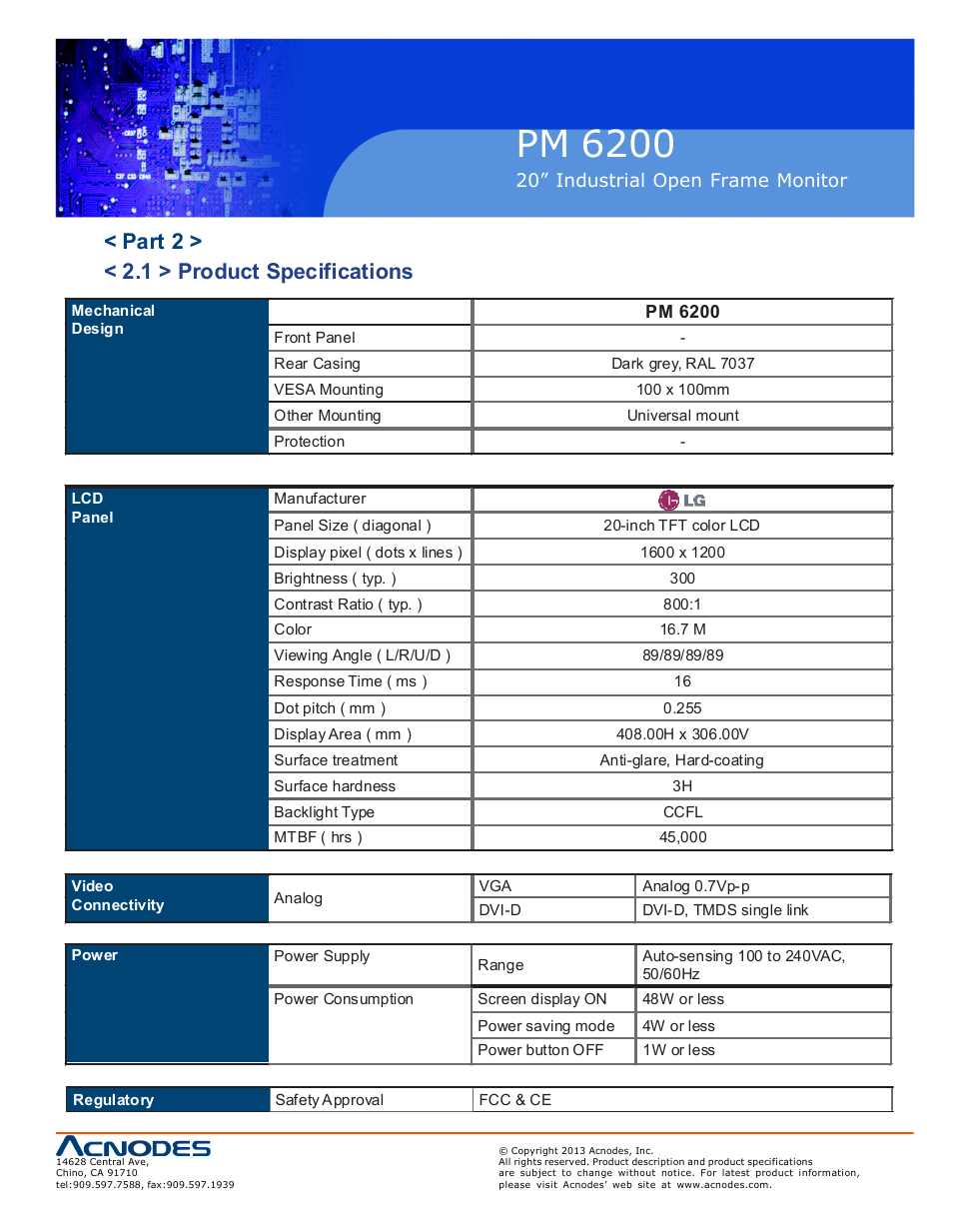 Pm 6200, Part 2 > < 2.1 > product specifications | Acnodes PM 6200 User Manual | Page 9 / 23