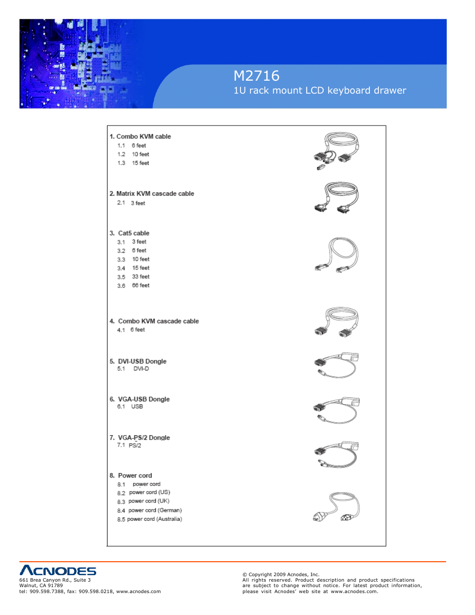 M2716, 1u rack mount lcd keyboard drawer, 13 kvm cables 24 | Acnodes M 2716 User Manual | Page 26 / 27