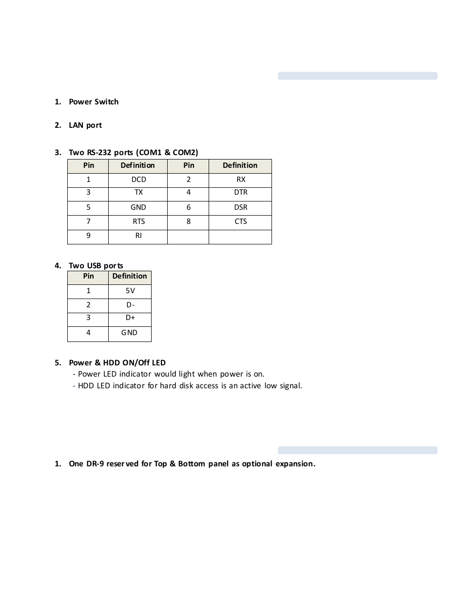 Chapter 2: pin definition & jumper settings, 1 front panel pin definition, 2 top & bottom panel pin definition | Acnodes FES 2213 User Manual | Page 11 / 57