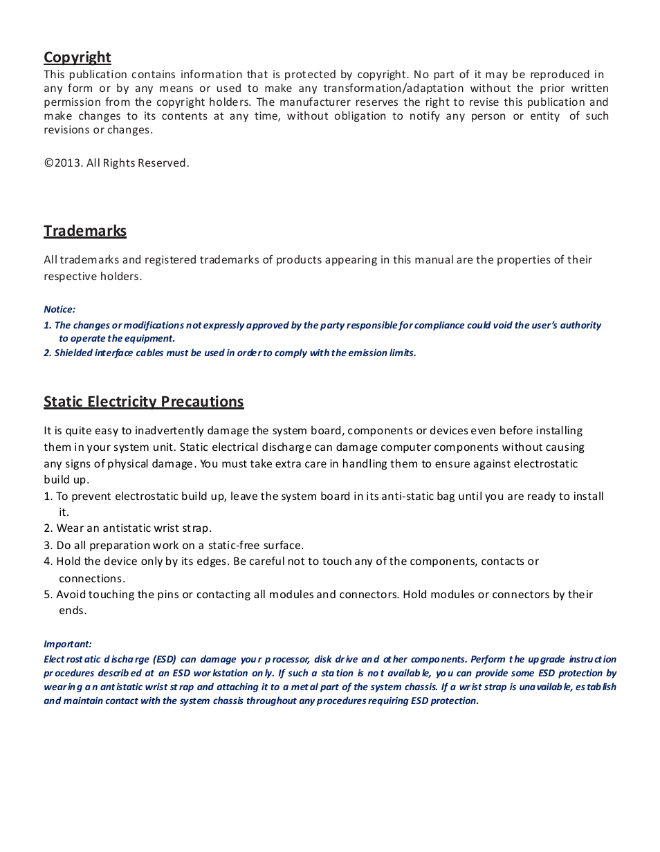 Copyright, Trademarks, Static electricity precautions | Acnodes FES 2213 User Manual | Page 2 / 57