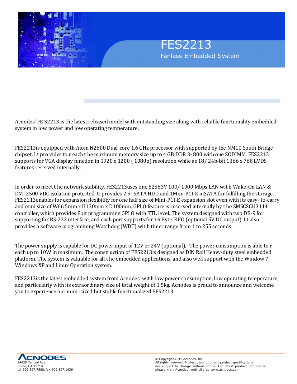 Fes2213, Chapter 1: introduction, 1 overv iew | Acnodes FES 2213 User Manual | Page 5 / 57