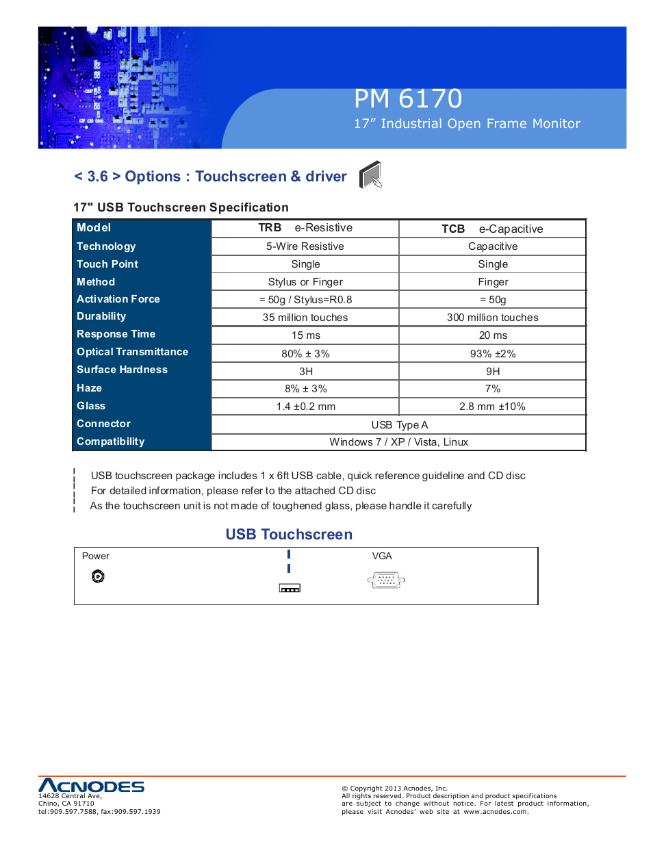 Pm 6170, 6 > options : touchscreen & driver, Usb touchscreen | Acnodes PM 6170 User Manual | Page 17 / 23