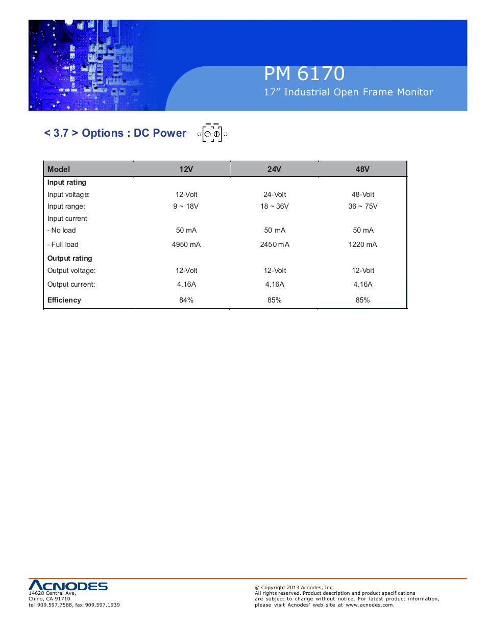 Pm 6170, 7 > options : dc power, 17” industrial o pen frame monit or | Acnodes PM 6170 User Manual | Page 19 / 23