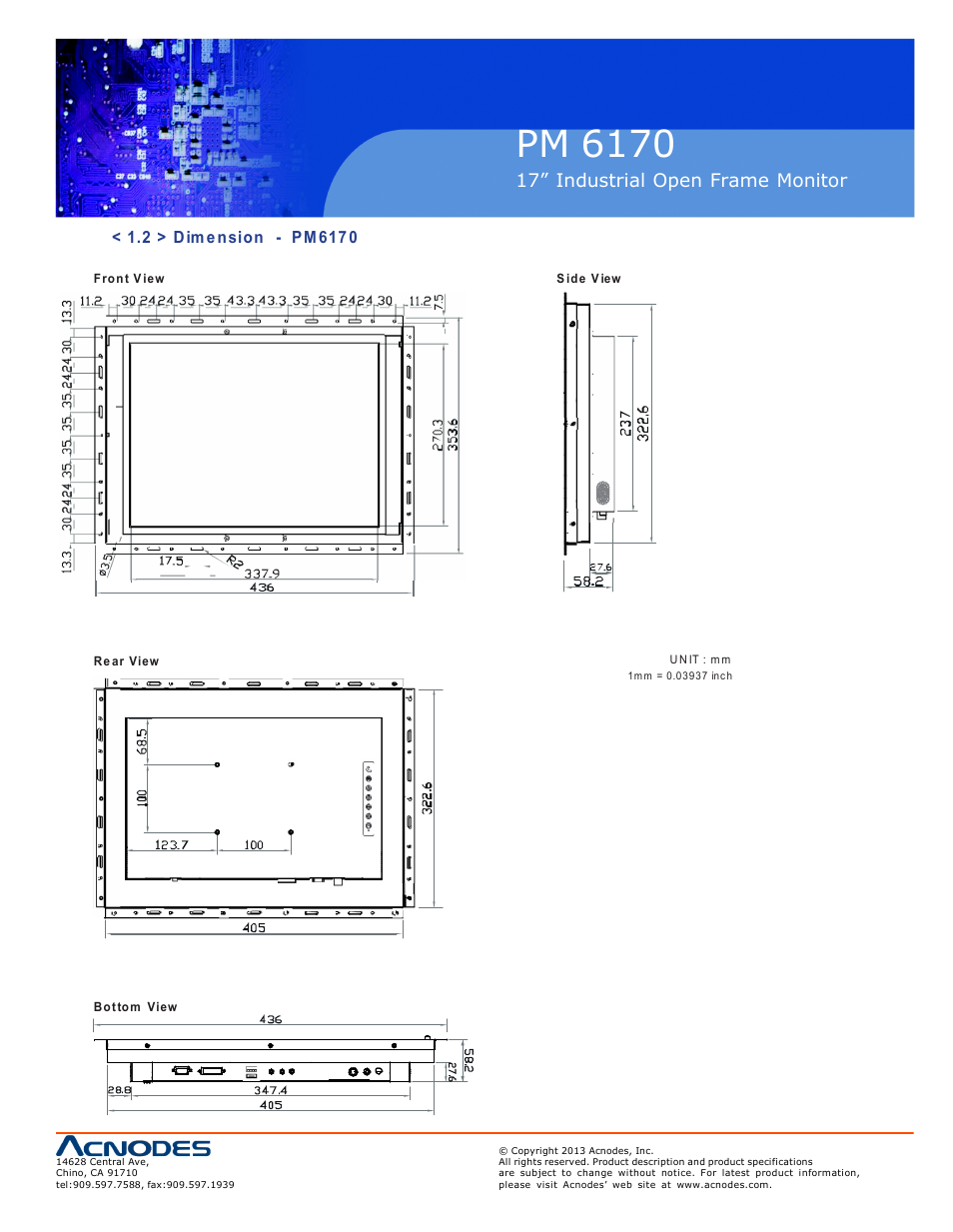 Pm 6170, Op-17, 17” industrial o pen frame monit or | Acnodes PM 6170 User Manual | Page 7 / 23