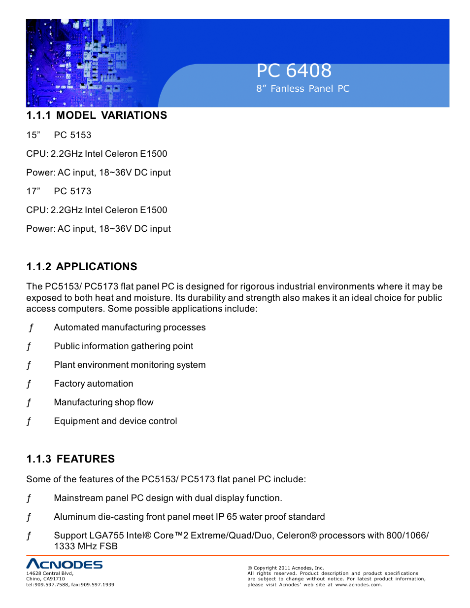 Pc 6408, 1 model variations, 2 applications | 3 features | Acnodes PC 6408 User Manual | Page 10 / 98