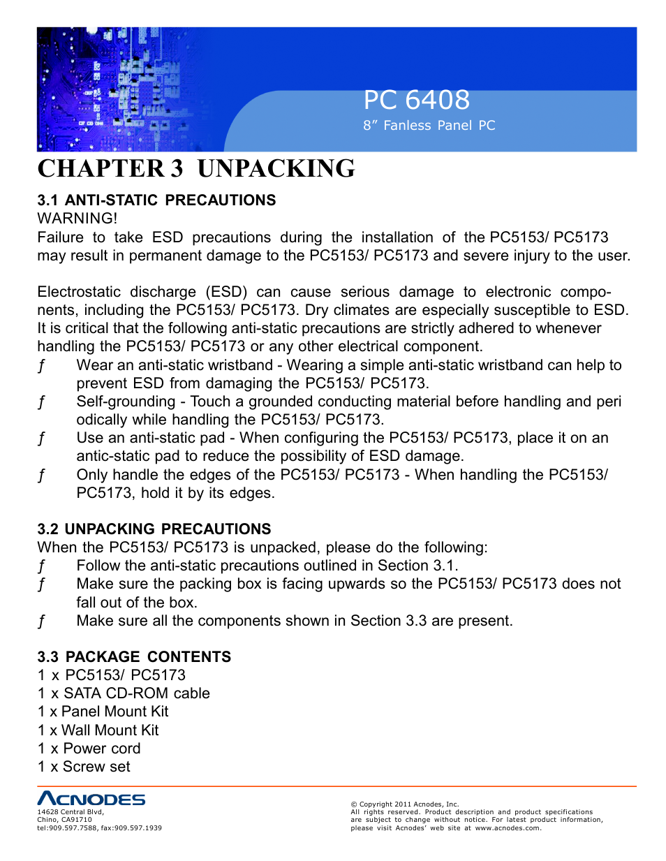 Pc 6408, Chapter 3 unpacking | Acnodes PC 6408 User Manual | Page 26 / 98