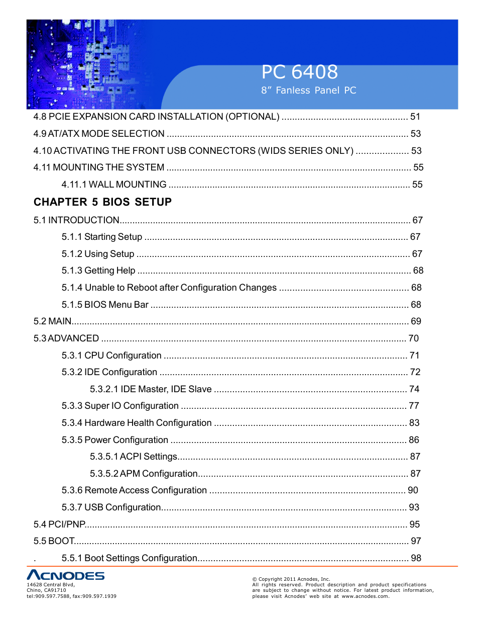 Pc 6408, Chapter 5 bios setup | Acnodes PC 6408 User Manual | Page 6 / 98