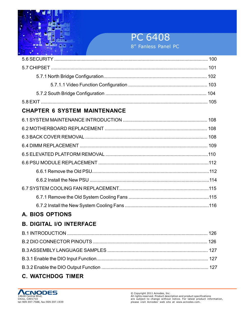 Pc 6408, Chapter 6 system maintenance, A. bios options b. digital i/o interface | C. watchdog timer | Acnodes PC 6408 User Manual | Page 7 / 98