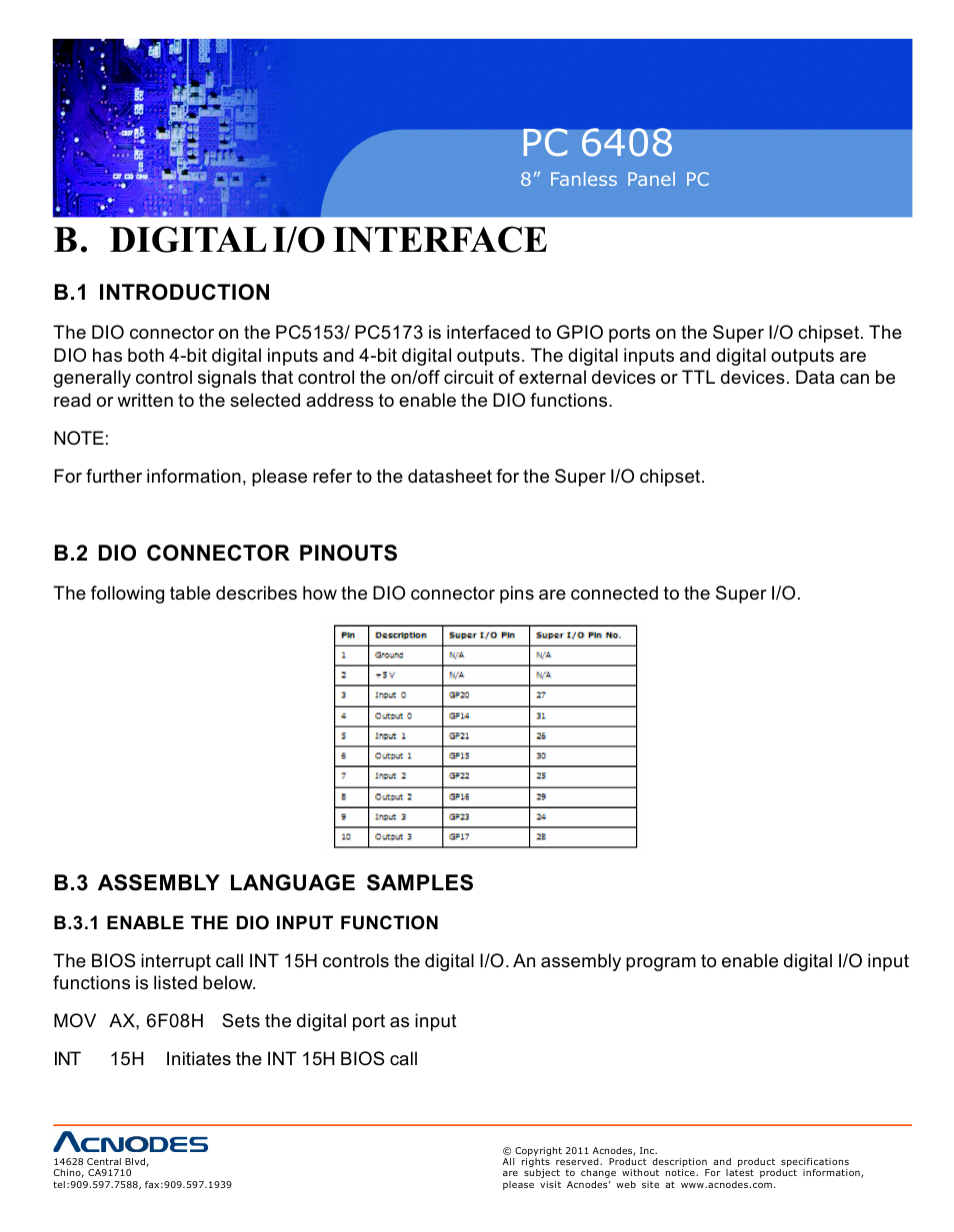 Pc 6408, B. digital i/o interface, B.1 introduction | B.2 dio connector pinouts, B.3 assembly language samples | Acnodes PC 6408 User Manual | Page 92 / 98